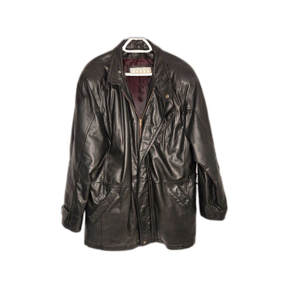 Vintage 90s Traditional Trends Black Leather Car Coat Mens Size XL Jacket Grunge
